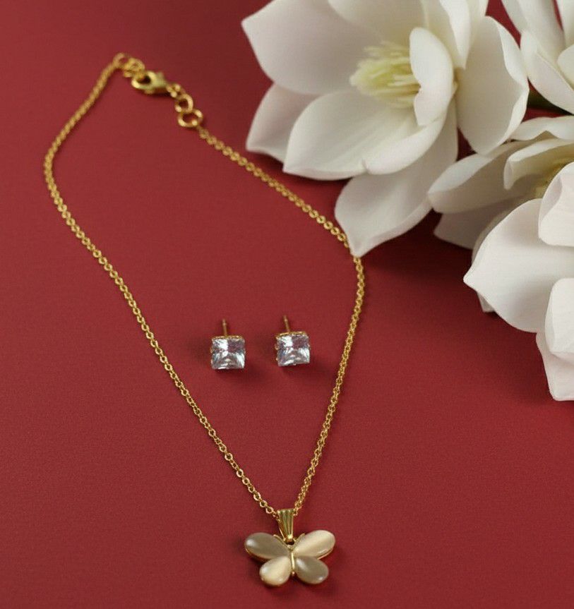 Gold Plated Butterfly Pendant Chain Set for Women | American Diamond Necklace with Earrings | Brass & Copper Jewellery | CP-53