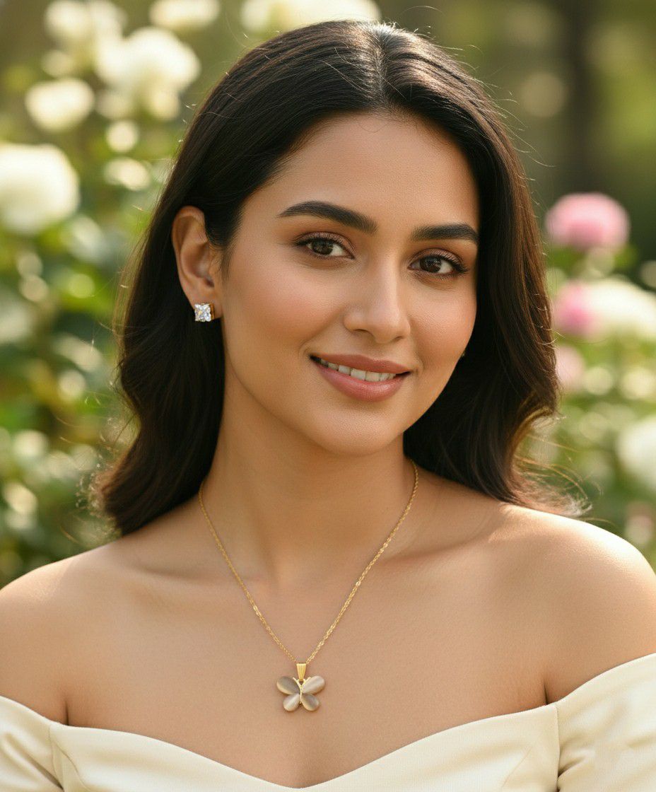 Gold Plated Butterfly Pendant Chain Set for Women | American Diamond Necklace with Earrings | Brass & Copper Jewellery | CP-53