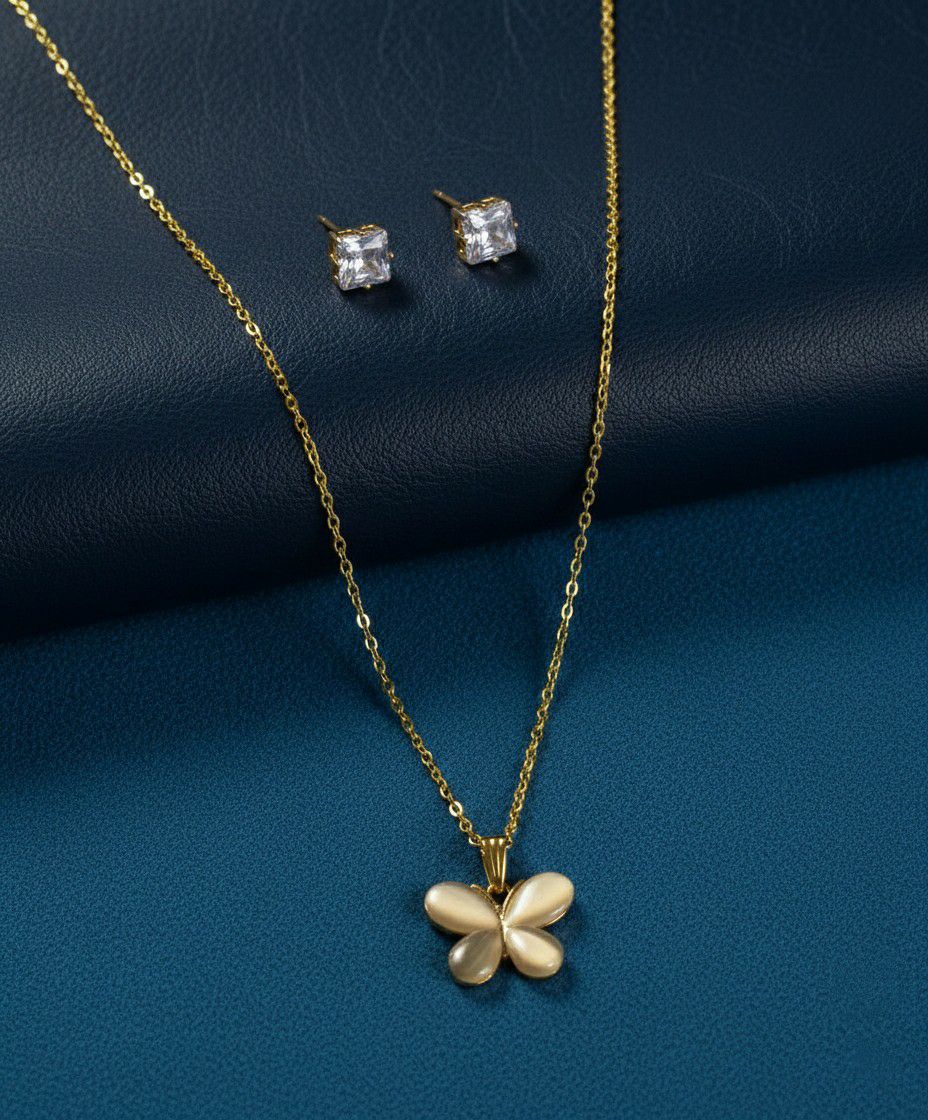 Gold Plated Butterfly Pendant Chain Set for Women | American Diamond Necklace with Earrings | Brass & Copper Jewellery | CP-53