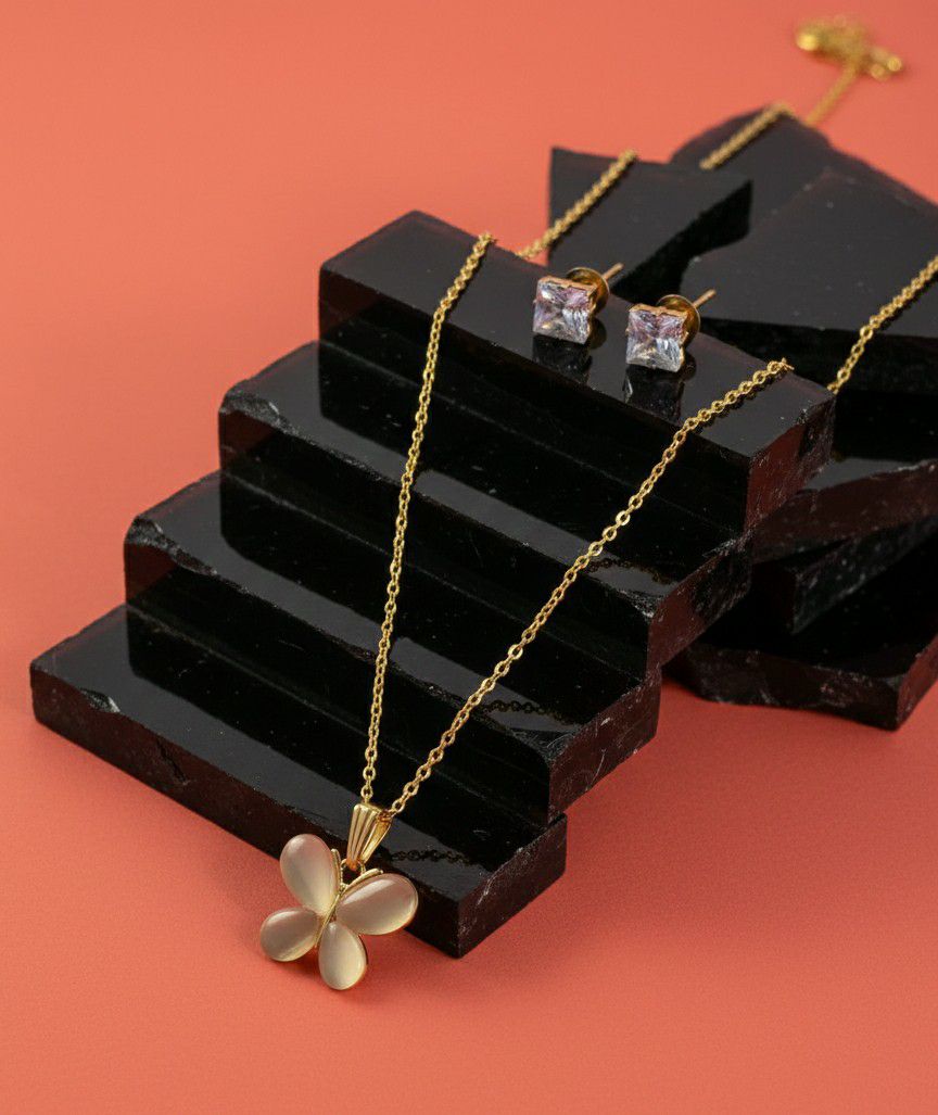 Gold Plated Butterfly Pendant Chain Set for Women | American Diamond Necklace with Earrings | Brass & Copper Jewellery | CP-53