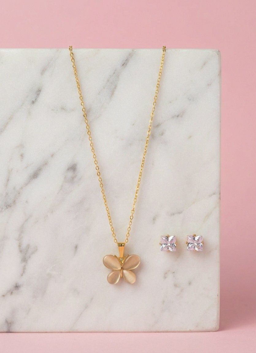 Gold Plated Butterfly Pendant Chain Set for Women | American Diamond Necklace with Earrings | Brass & Copper Jewellery | CP-53