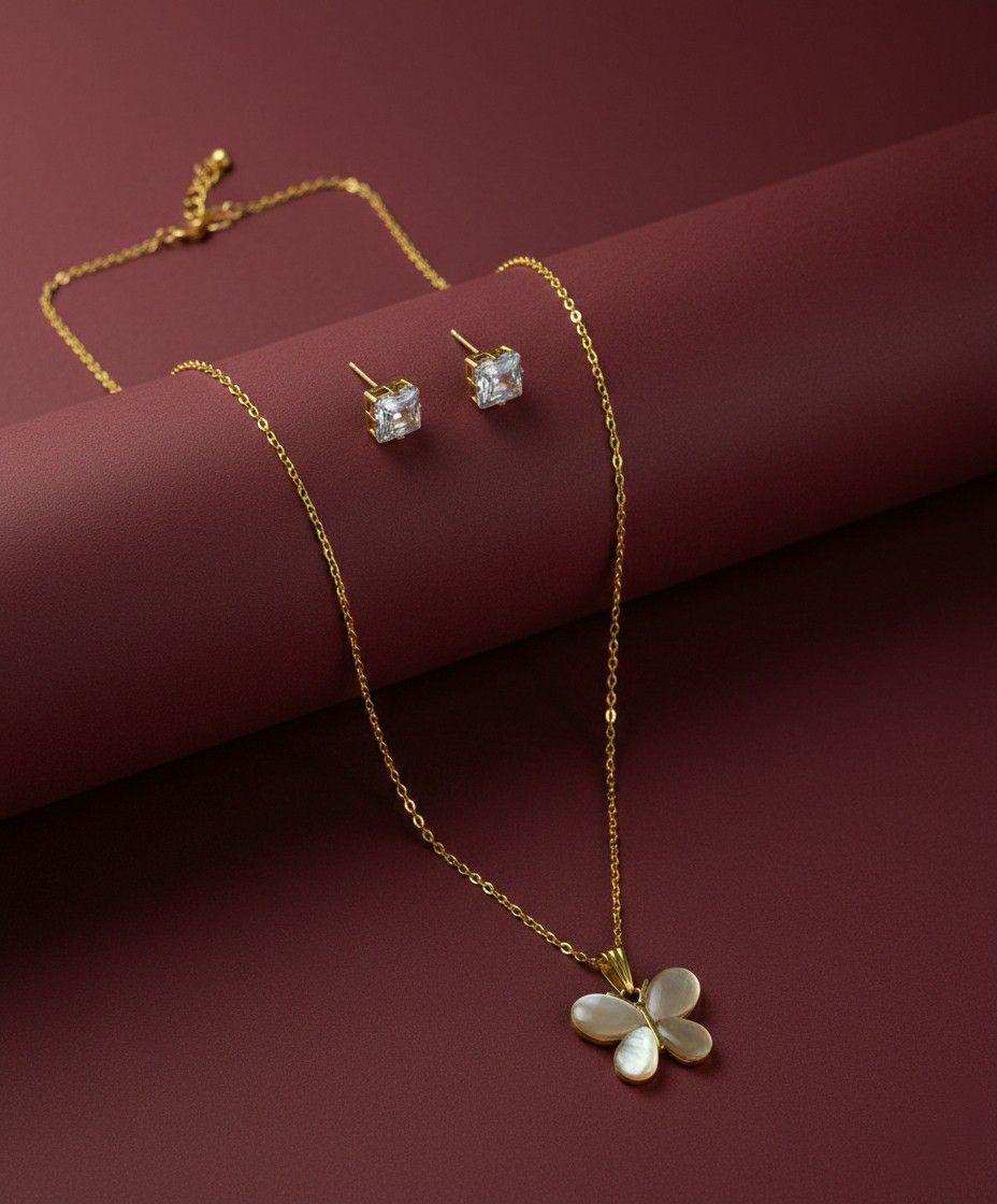 Gold Plated Butterfly Pendant Chain Set for Women | American Diamond Necklace with Earrings | Brass & Copper Jewellery | CP-53