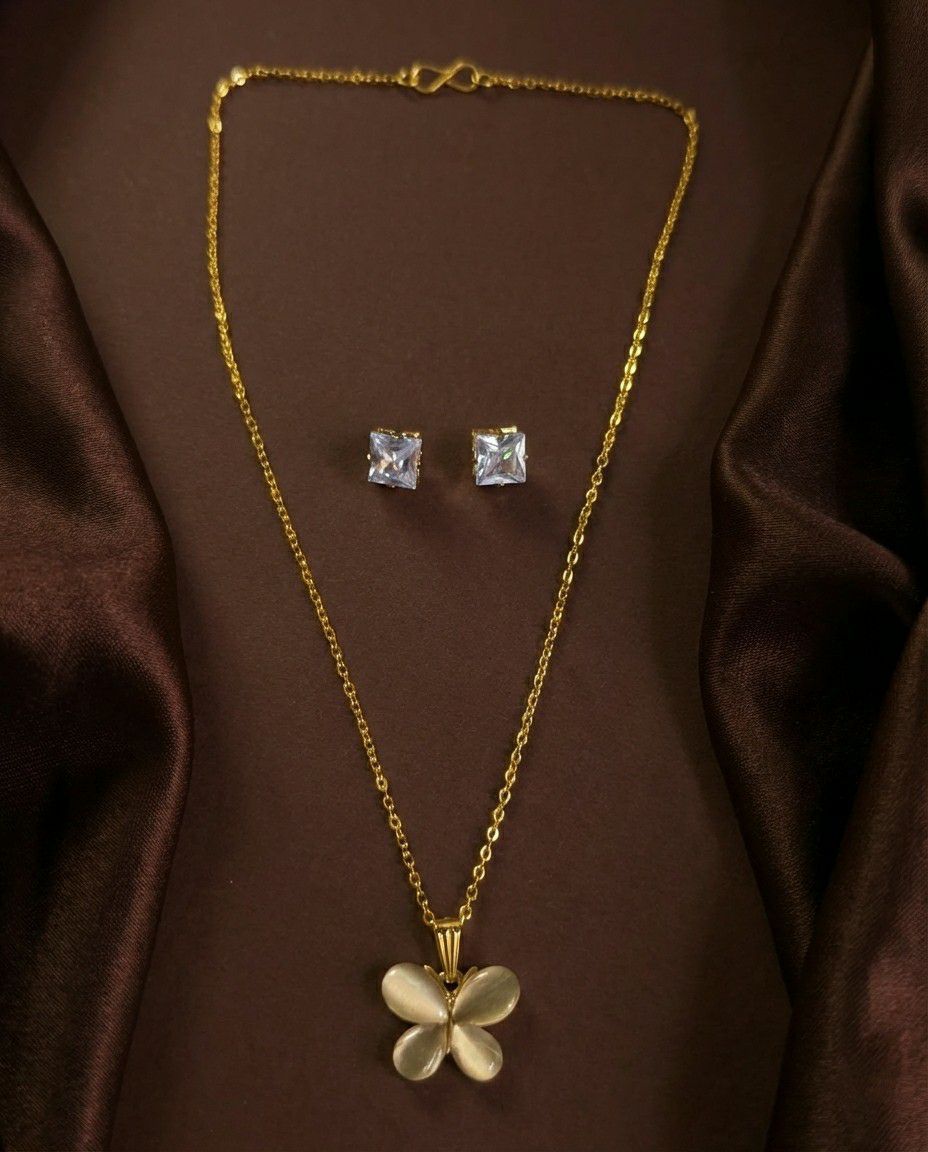 Gold Plated Butterfly Pendant Chain Set for Women | American Diamond Necklace with Earrings | Brass & Copper Jewellery | CP-53