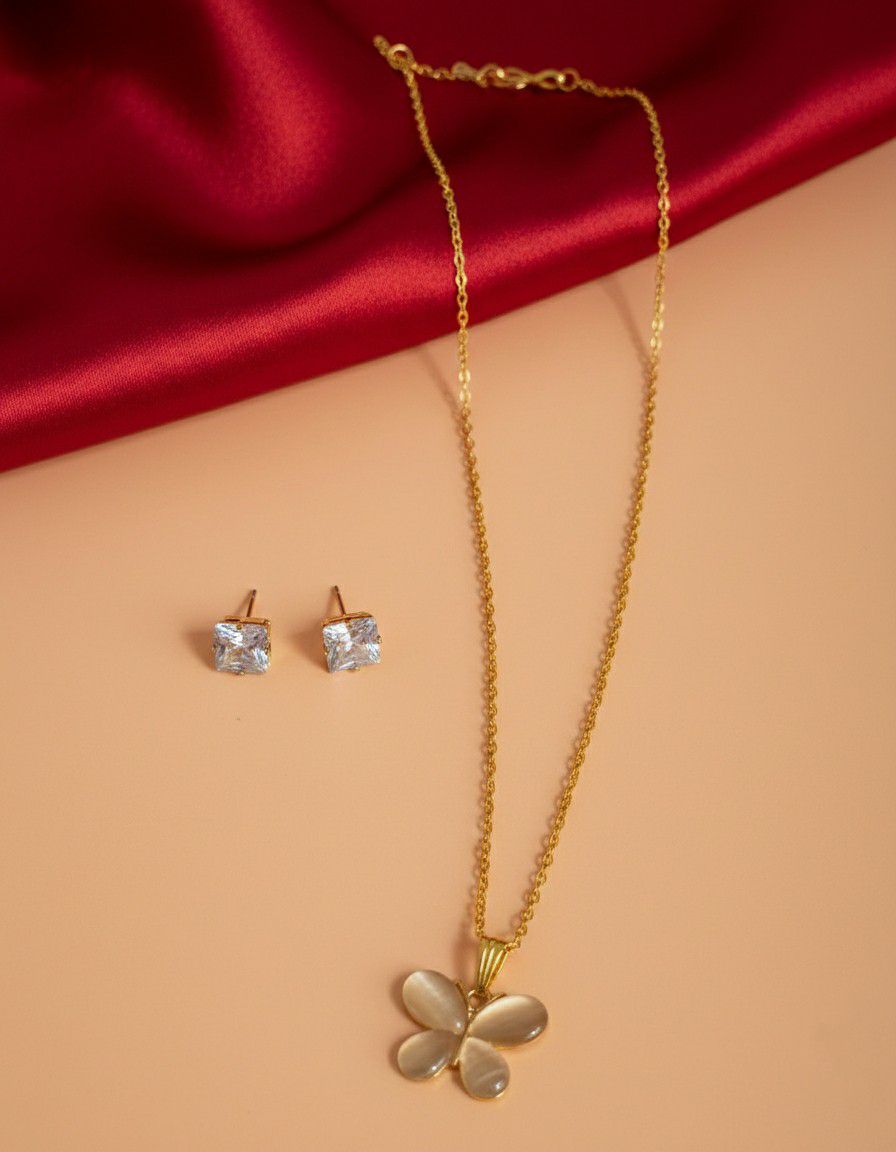 Gold Plated Butterfly Pendant Chain Set for Women | American Diamond Necklace with Earrings | Brass & Copper Jewellery | CP-53