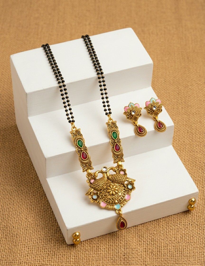 High Gold Plated Peacock Mangalsutra Set for Women | Crystal Pendant with Matching Earrings | Short Traditional Jewellery | M-4