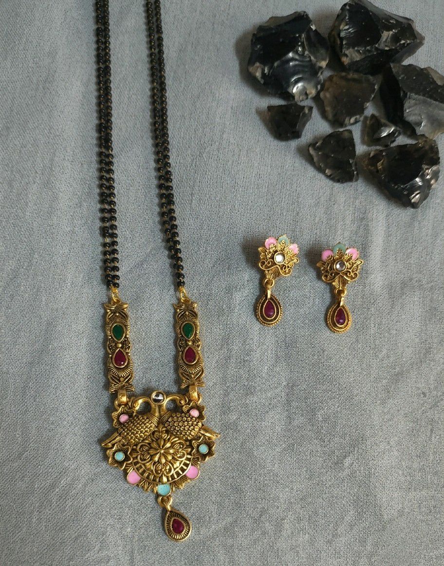 High Gold Plated Peacock Mangalsutra Set for Women | Crystal Pendant with Matching Earrings | Short Traditional Jewellery | M-4