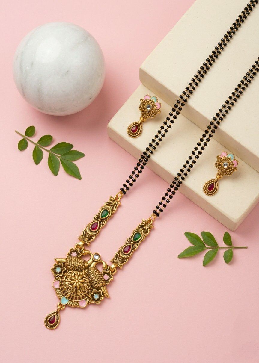 High Gold Plated Peacock Mangalsutra Set for Women | Crystal Pendant with Matching Earrings | Short Traditional Jewellery | M-4