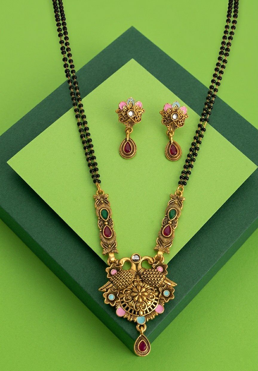 High Gold Plated Peacock Mangalsutra Set for Women | Crystal Pendant with Matching Earrings | Short Traditional Jewellery | M-4