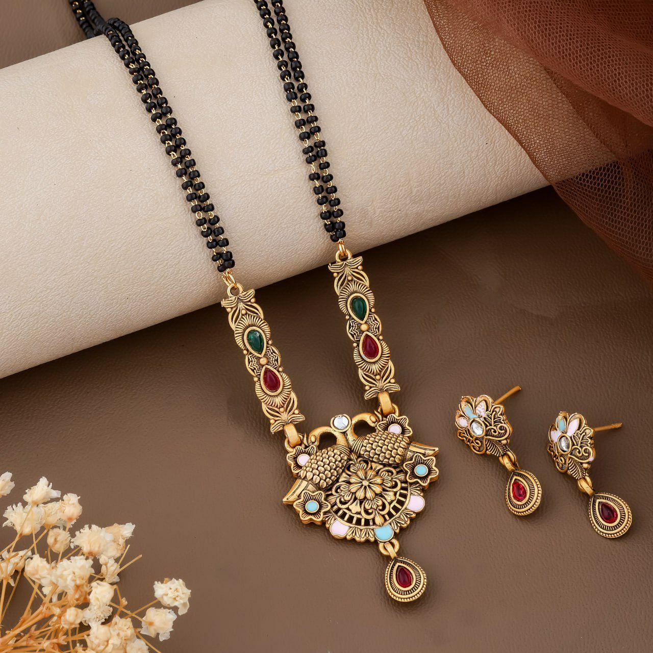 High Gold Plated Peacock Mangalsutra Set for Women | Crystal Pendant with Matching Earrings | Short Traditional Jewellery | M-4