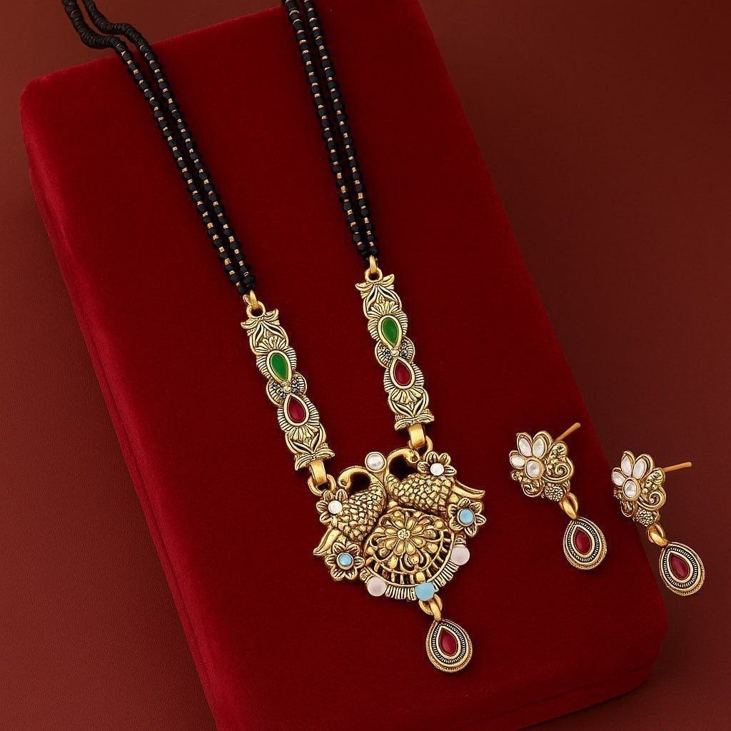 High Gold Plated Peacock Mangalsutra Set for Women | Crystal Pendant with Matching Earrings | Short Traditional Jewellery | M-4
