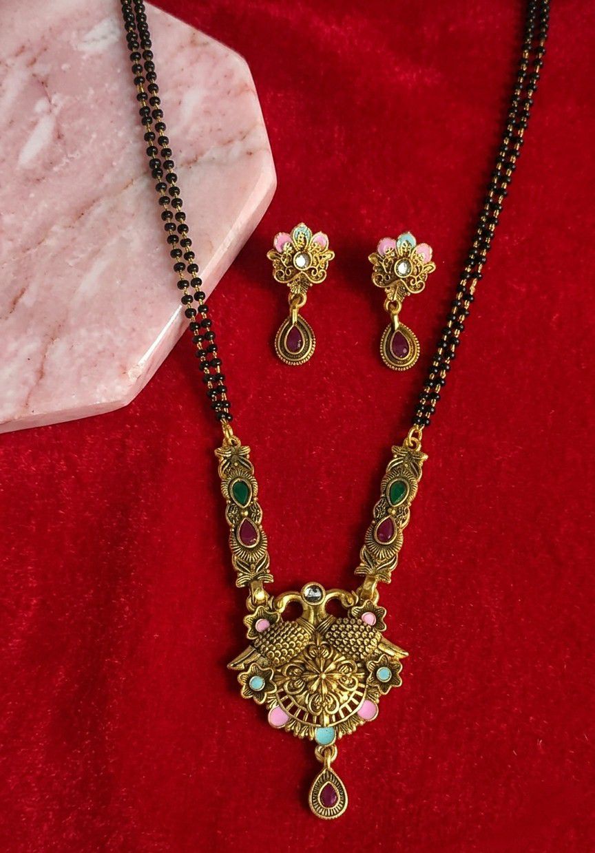 High Gold Plated Peacock Mangalsutra Set for Women | Crystal Pendant with Matching Earrings | Short Traditional Jewellery | M-4
