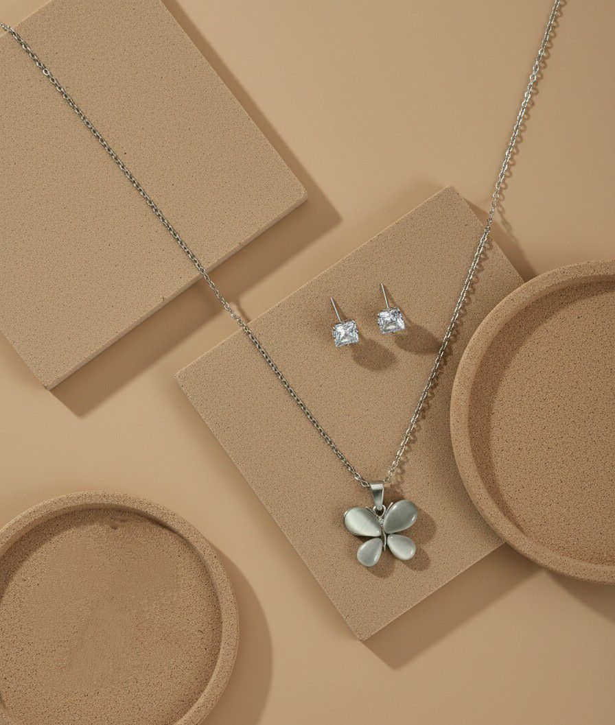 Silver Plated Butterfly Pendant Chain Set for Women | American Diamond Necklace with Earrings | Brass & Copper Jewellery | CP-54