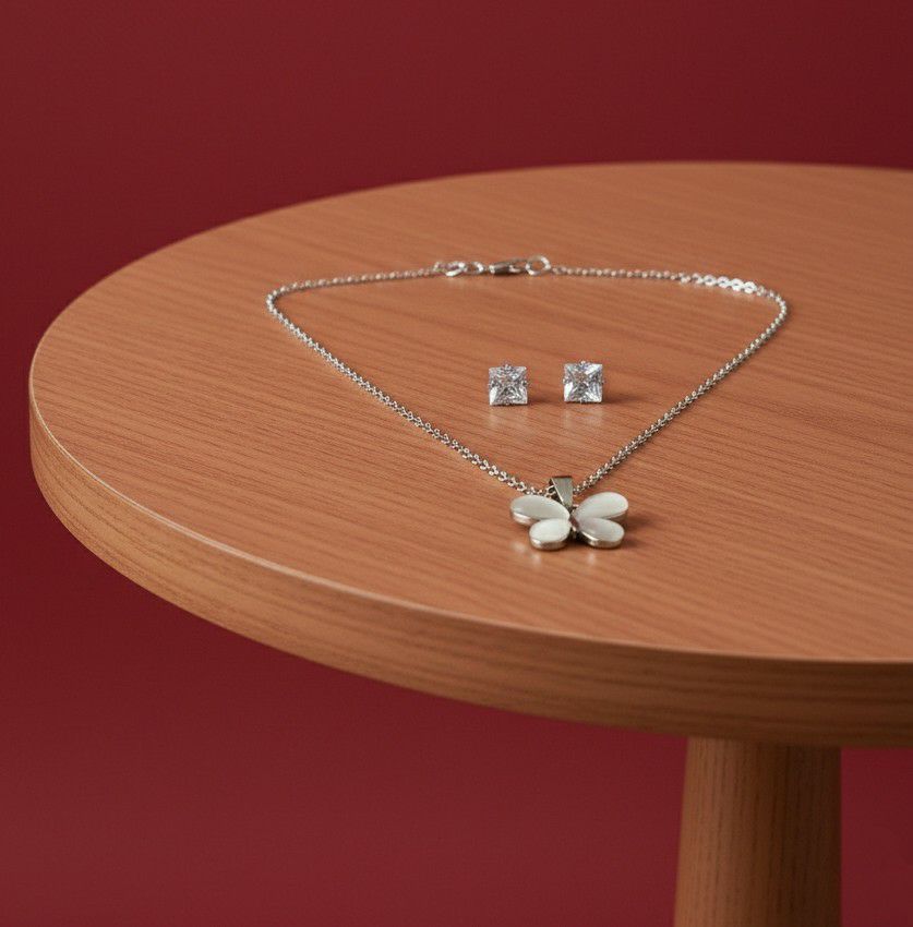 Silver Plated Butterfly Pendant Chain Set for Women | American Diamond Necklace with Earrings | Brass & Copper Jewellery | CP-54