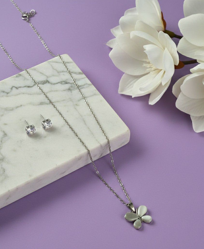 Silver Plated Butterfly Pendant Chain Set for Women | American Diamond Necklace with Earrings | Brass & Copper Jewellery | CP-54