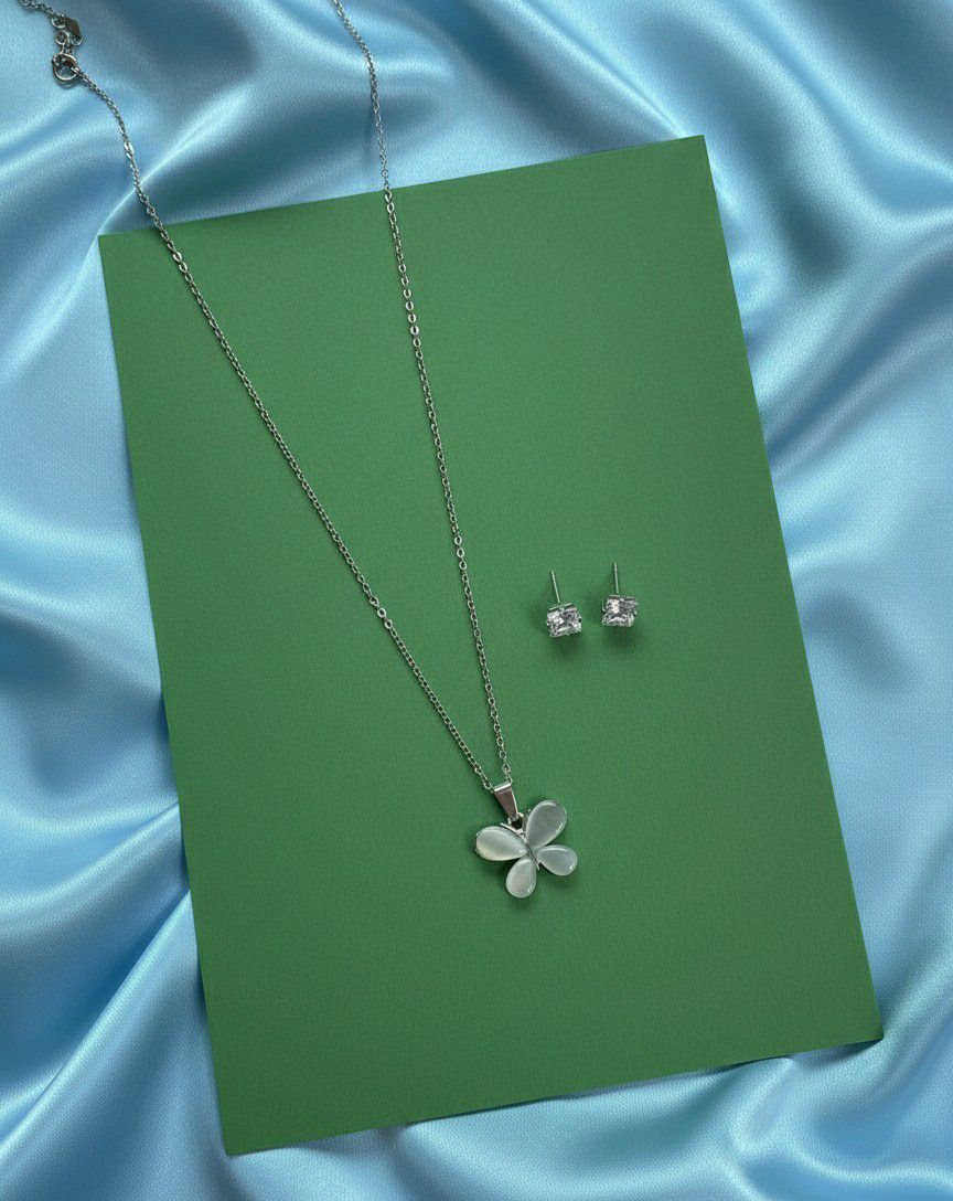 Silver Plated Butterfly Pendant Chain Set for Women | American Diamond Necklace with Earrings | Brass & Copper Jewellery | CP-54