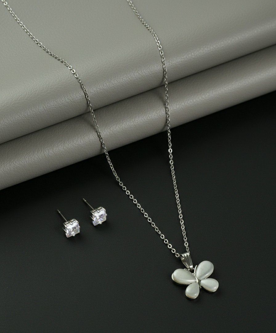 Silver Plated Butterfly Pendant Chain Set for Women | American Diamond Necklace with Earrings | Brass & Copper Jewellery | CP-54