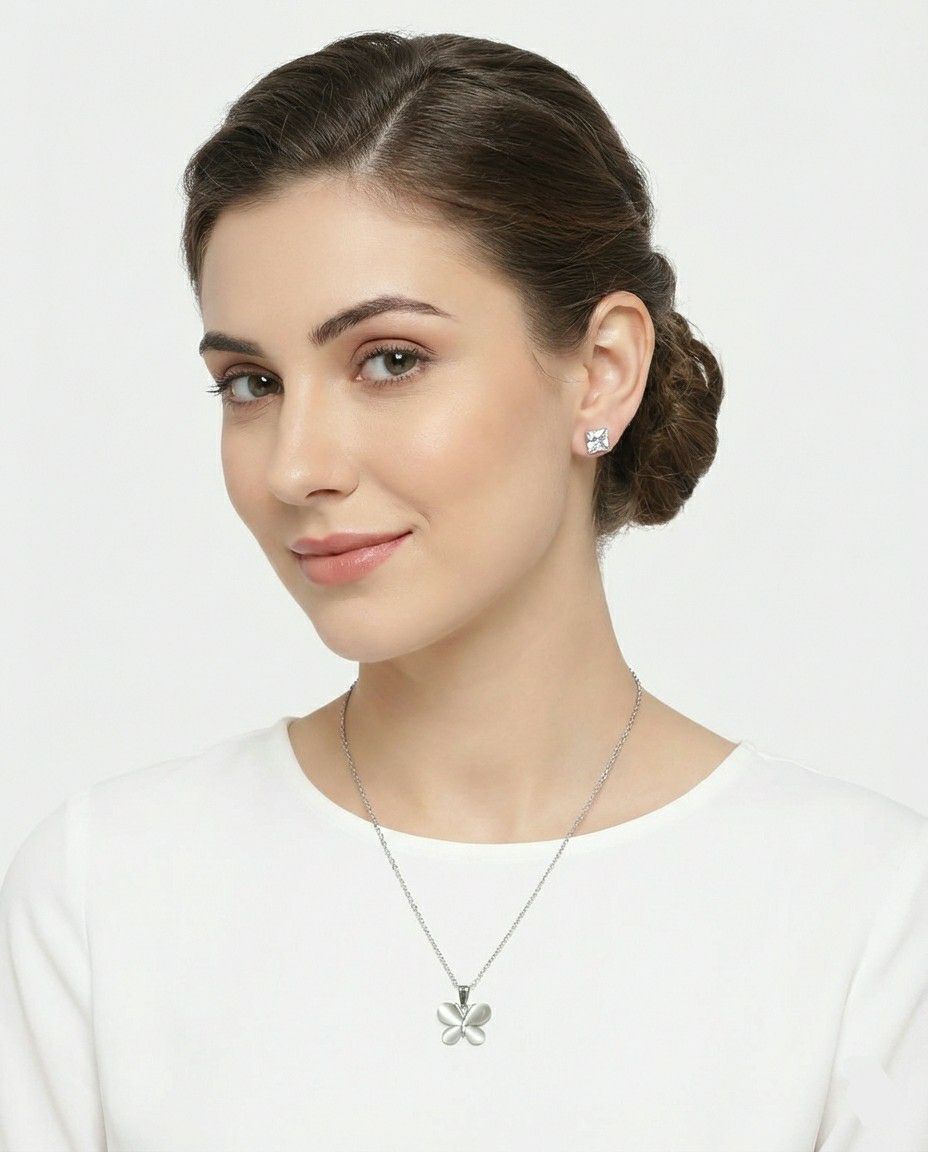 Silver Plated Butterfly Pendant Chain Set for Women | American Diamond Necklace with Earrings | Brass & Copper Jewellery | CP-54