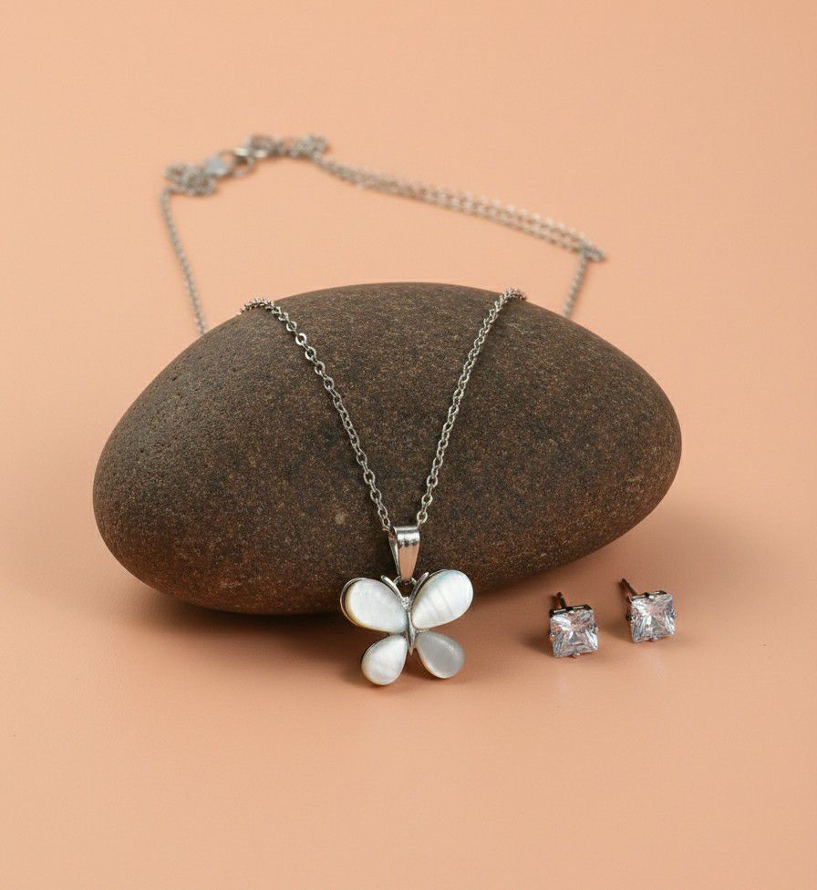 Silver Plated Butterfly Pendant Chain Set for Women | American Diamond Necklace with Earrings | Brass & Copper Jewellery | CP-54