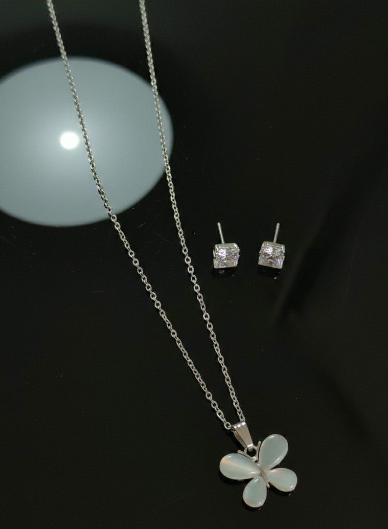 Silver Plated Butterfly Pendant Chain Set for Women | American Diamond Necklace with Earrings | Brass & Copper Jewellery | CP-54