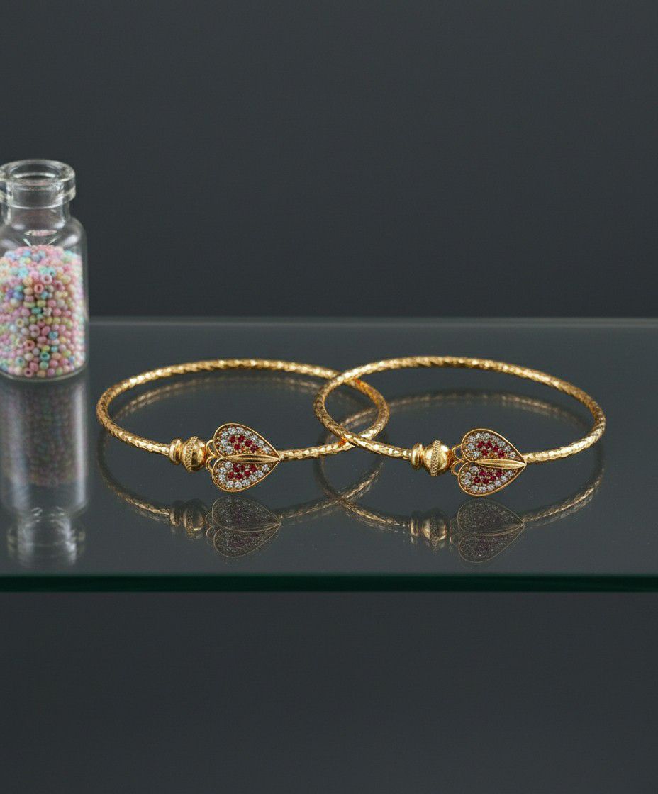 Gold Plated American Diamond Heart Bangle Set for Women | Adjustable Kada Bangles | Brass Jewellery | 1 Pair | B-19