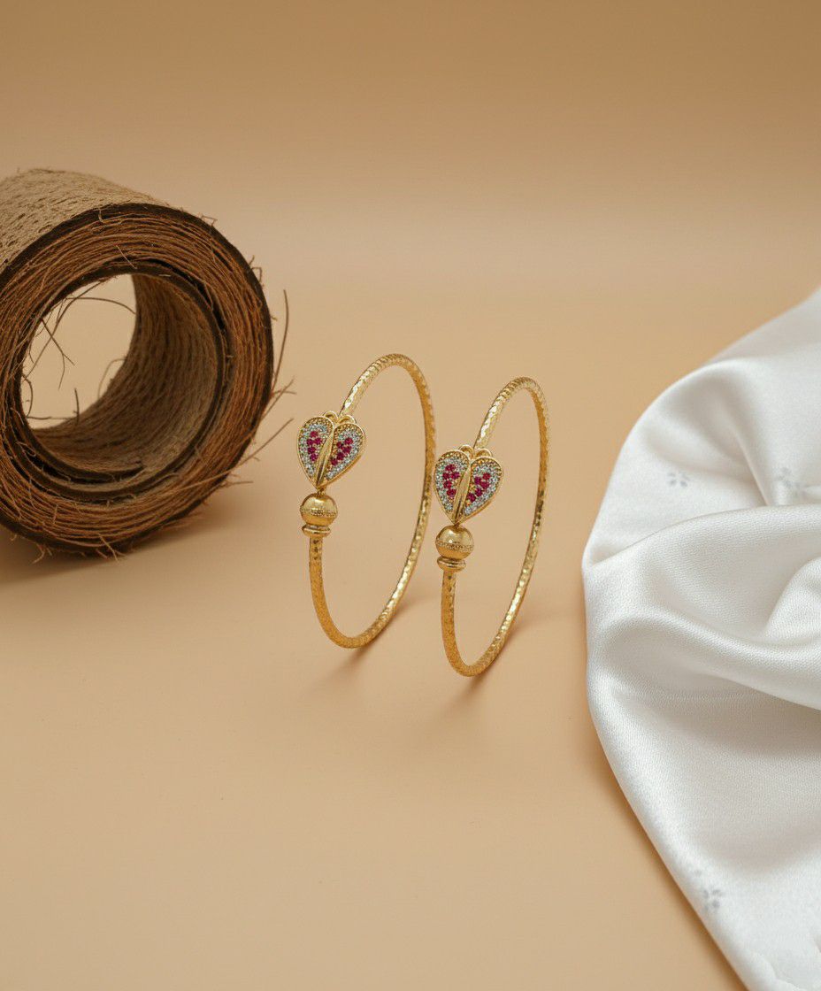 Gold Plated American Diamond Heart Bangle Set for Women | Adjustable Kada Bangles | Brass Jewellery | 1 Pair | B-19