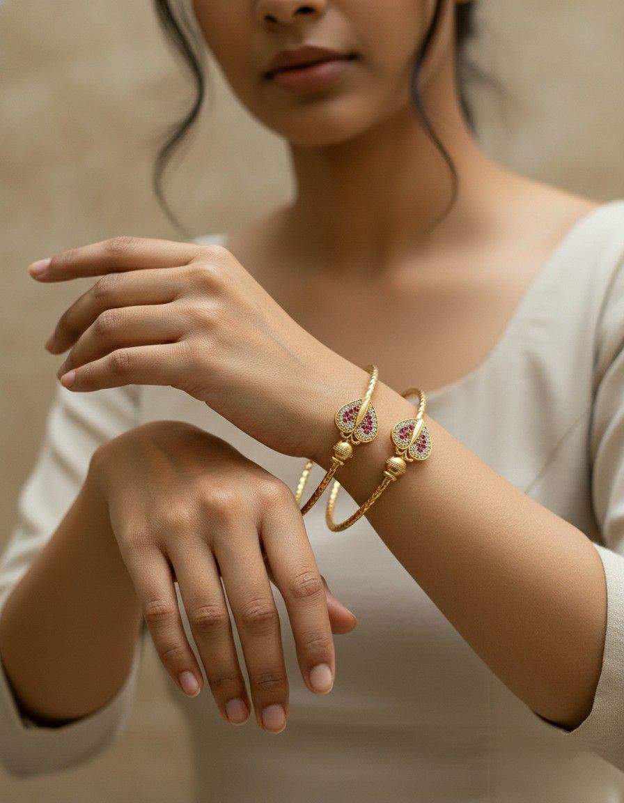 Gold Plated American Diamond Heart Bangle Set for Women | Adjustable Kada Bangles | Brass Jewellery | 1 Pair | B-19