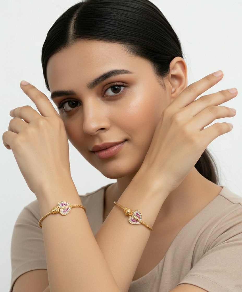 Gold Plated American Diamond Heart Bangle Set for Women | Adjustable Kada Bangles | Brass Jewellery | 1 Pair | B-19