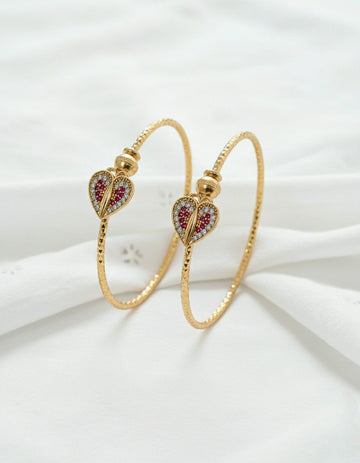 Gold Plated American Diamond Heart Bangle Set for Women | Adjustable Kada Bangles | Brass Jewellery | 1 Pair | B-19
