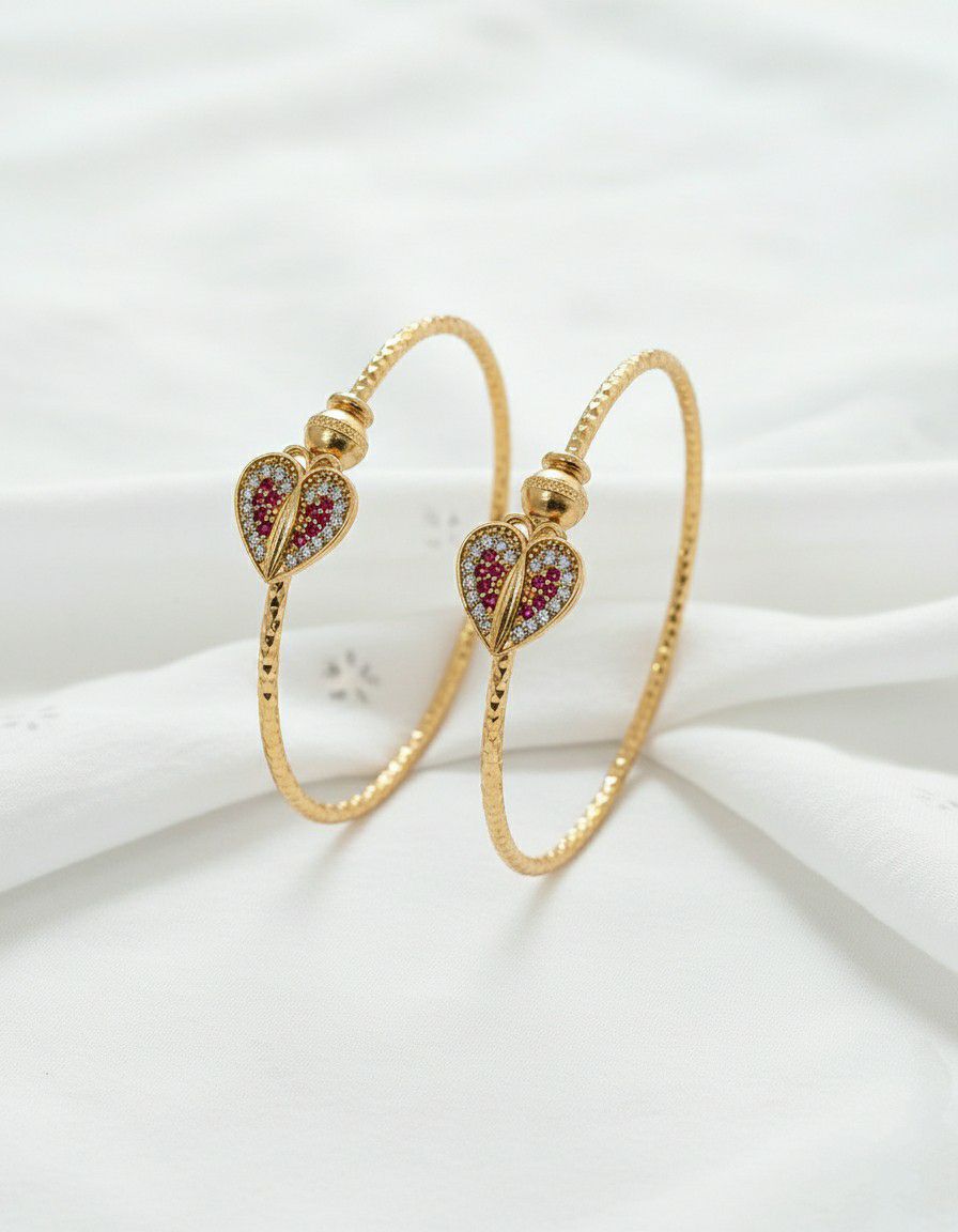 Gold Plated American Diamond Heart Bangle Set for Women | Adjustable Kada Bangles | Brass Jewellery | 1 Pair | B-19