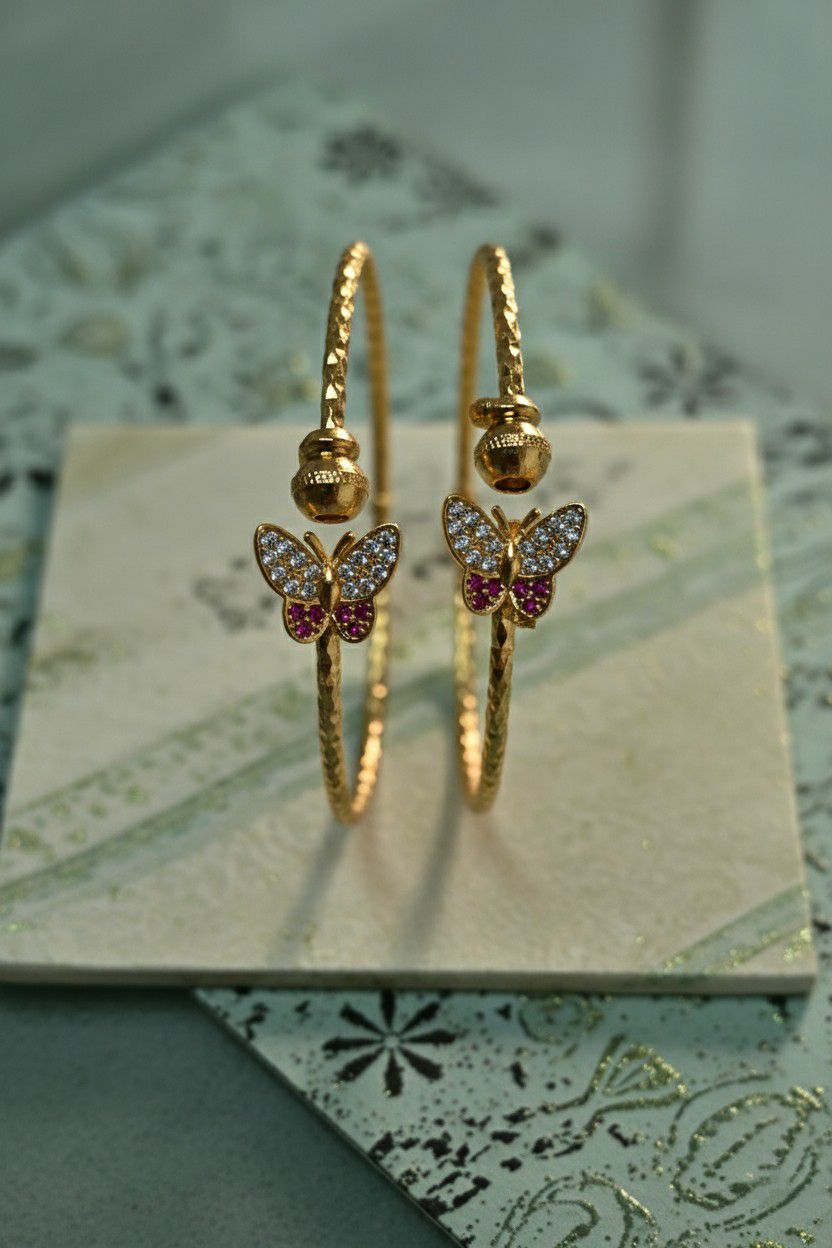 Gold Plated American Diamond Butterfly Bangle Set for Women | Adjustable Kada Bangles | Brass Jewellery | 1 Pair | B-20