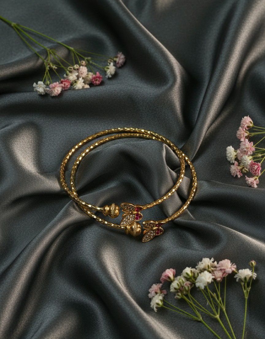 Gold Plated American Diamond Butterfly Bangle Set for Women | Adjustable Kada Bangles | Brass Jewellery | 1 Pair | B-20