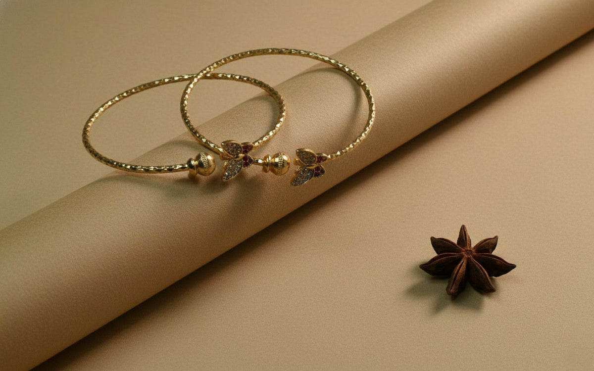 Gold Plated American Diamond Butterfly Bangle Set for Women | Adjustable Kada Bangles | Brass Jewellery | 1 Pair | B-20