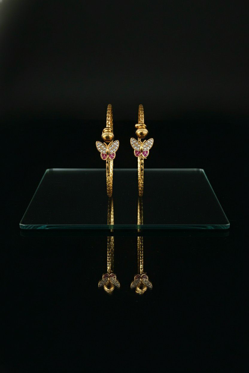 Gold Plated American Diamond Butterfly Bangle Set for Women | Adjustable Kada Bangles | Brass Jewellery | 1 Pair | B-20