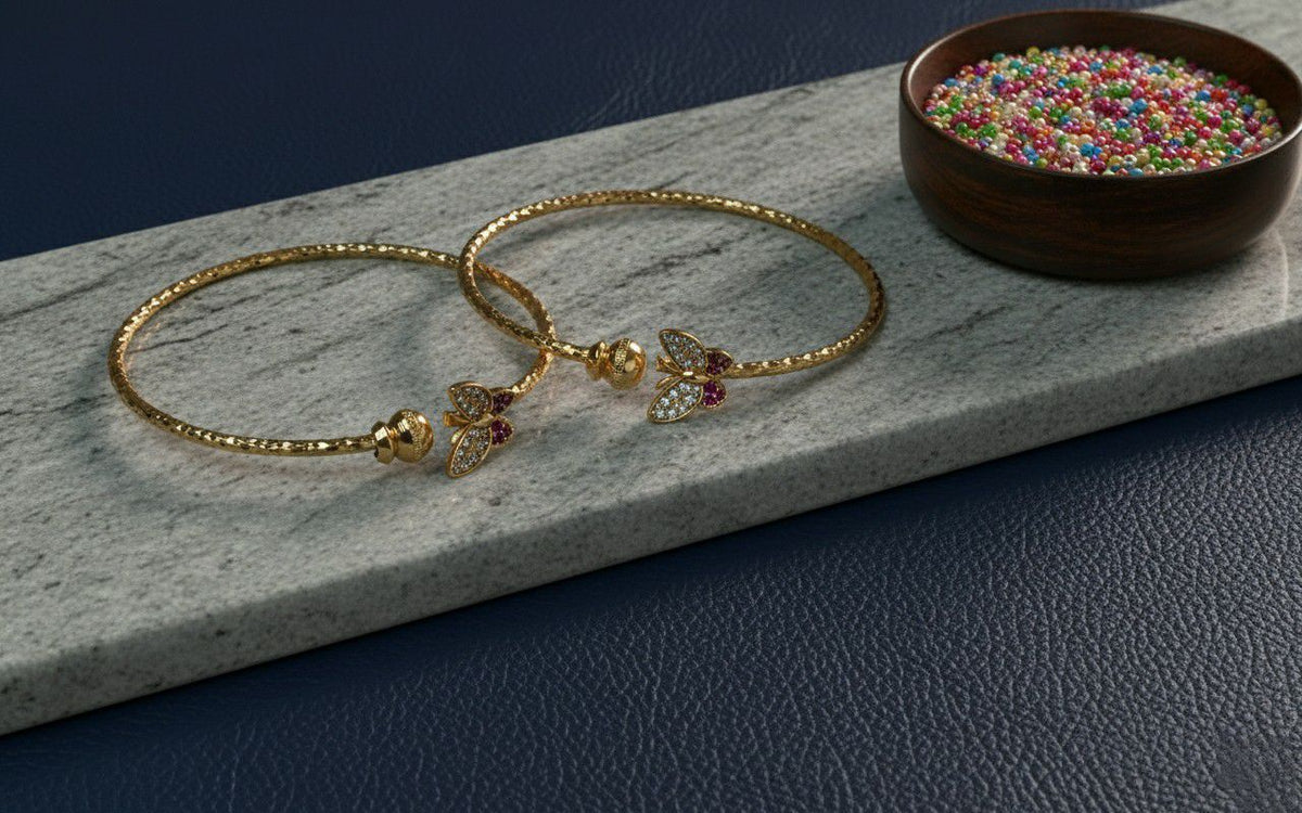 Gold Plated American Diamond Butterfly Bangle Set for Women | Adjustable Kada Bangles | Brass Jewellery | 1 Pair | B-20