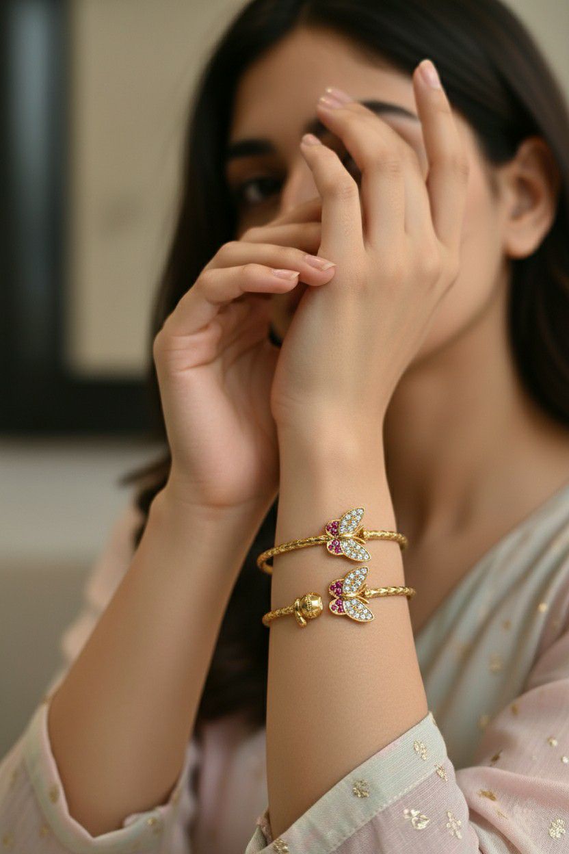 Gold Plated American Diamond Butterfly Bangle Set for Women | Adjustable Kada Bangles | Brass Jewellery | 1 Pair | B-20