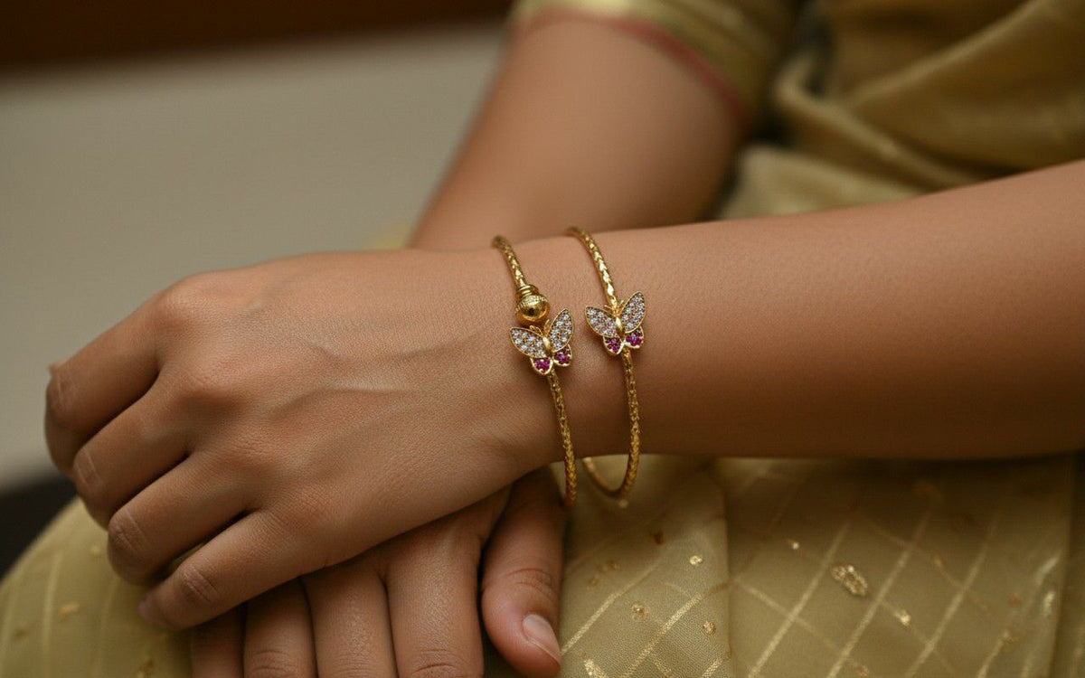 Gold Plated American Diamond Butterfly Bangle Set for Women | Adjustable Kada Bangles | Brass Jewellery | 1 Pair | B-20