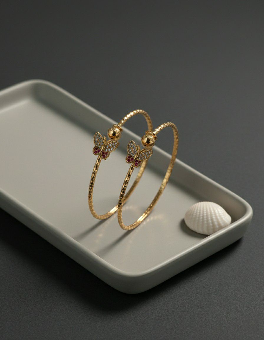 Gold Plated American Diamond Butterfly Bangle Set for Women | Adjustable Kada Bangles | Brass Jewellery | 1 Pair | B-20