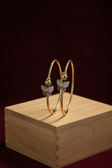 Gold Plated American Diamond Butterfly Bangle Set for Women | Adjustable Kada Bangles | Brass Jewellery | 1 Pair | B-20