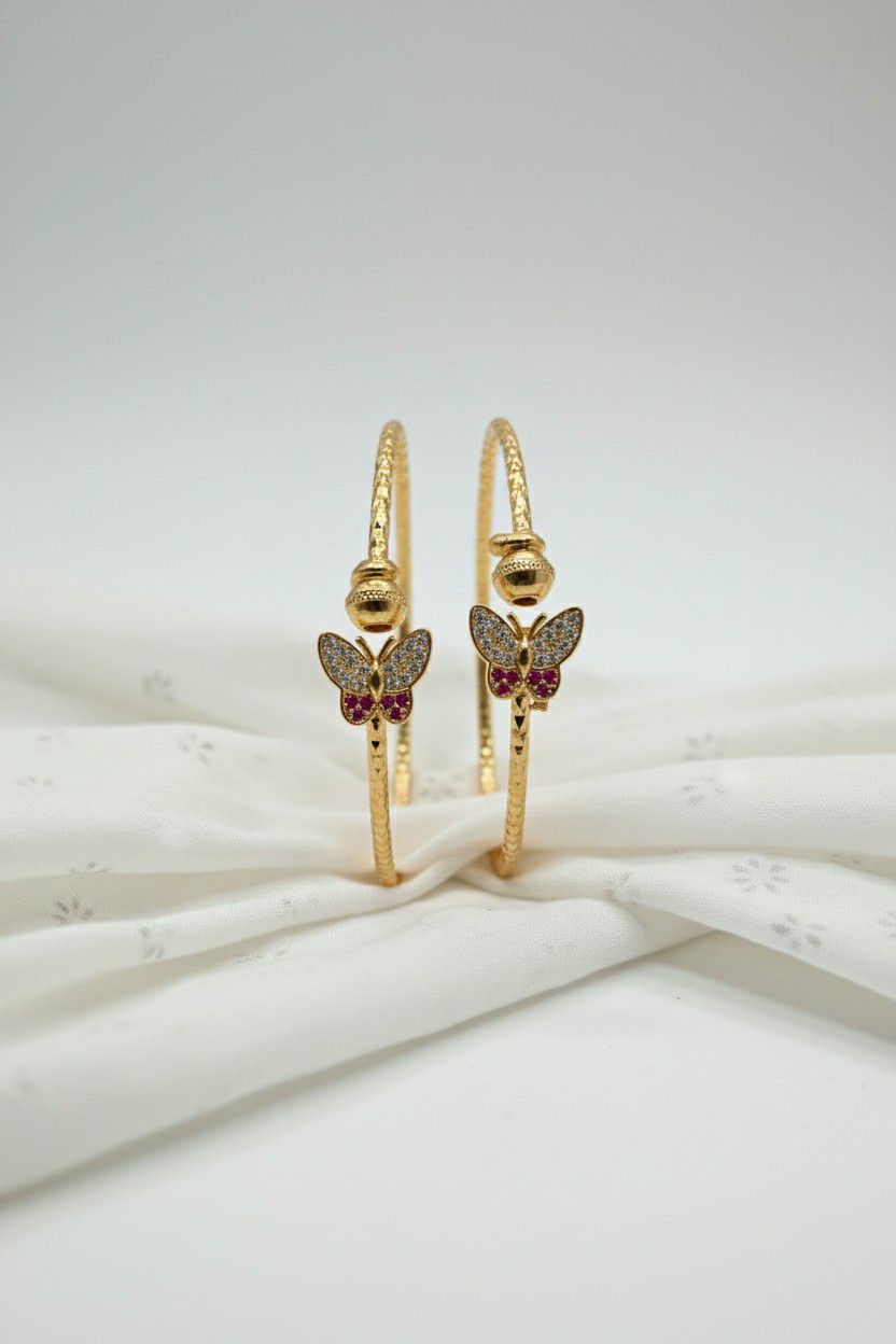 Gold Plated American Diamond Butterfly Bangle Set for Women | Adjustable Kada Bangles | Brass Jewellery | 1 Pair | B-20