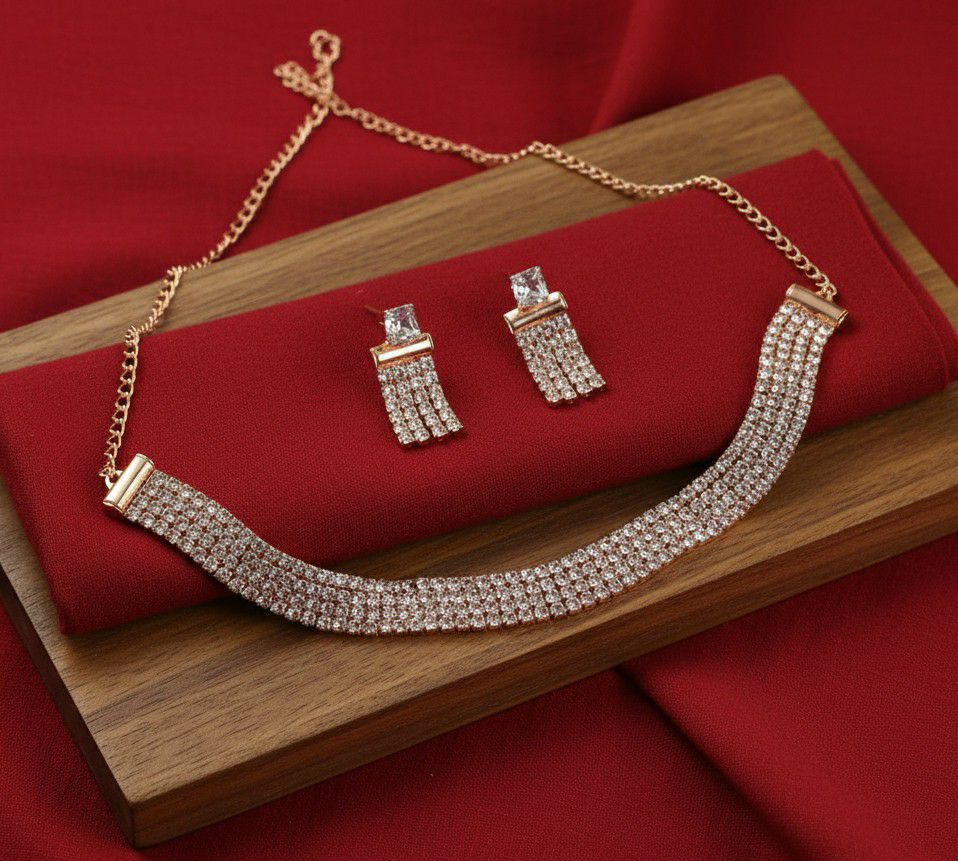 Rose Gold Plated American Diamond Necklace Set for Women | Adjustable Chain Necklace with Earrings | Brass & Copper Jewellery | N-4