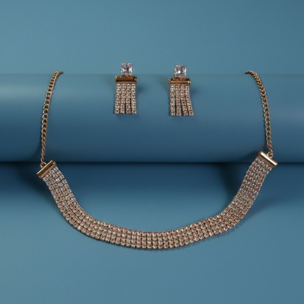 Rose Gold Plated American Diamond Necklace Set for Women | Adjustable Chain Necklace with Earrings | Brass & Copper Jewellery | N-4