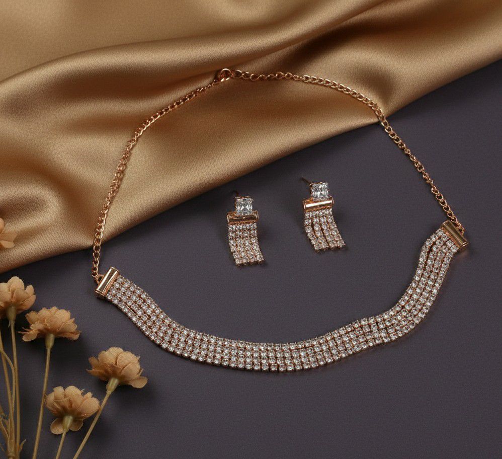 Rose Gold Plated American Diamond Necklace Set for Women | Adjustable Chain Necklace with Earrings | Brass & Copper Jewellery | N-4