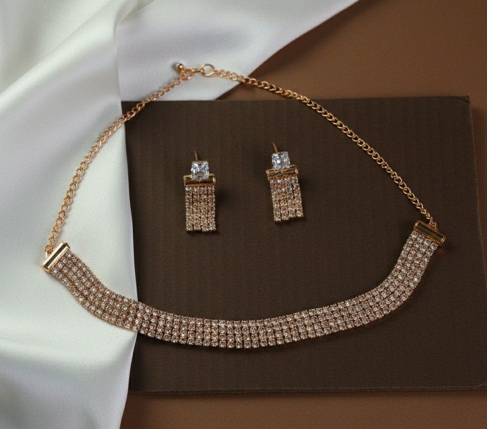 Rose Gold Plated American Diamond Necklace Set for Women | Adjustable Chain Necklace with Earrings | Brass & Copper Jewellery | N-4