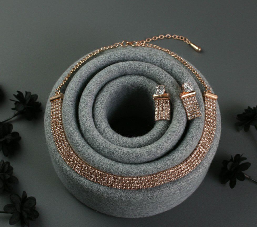 Rose Gold Plated American Diamond Necklace Set for Women | Adjustable Chain Necklace with Earrings | Brass & Copper Jewellery | N-4