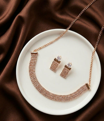 Rose Gold Plated American Diamond Necklace Set for Women | Adjustable Chain Necklace with Earrings | Brass & Copper Jewellery | N-4