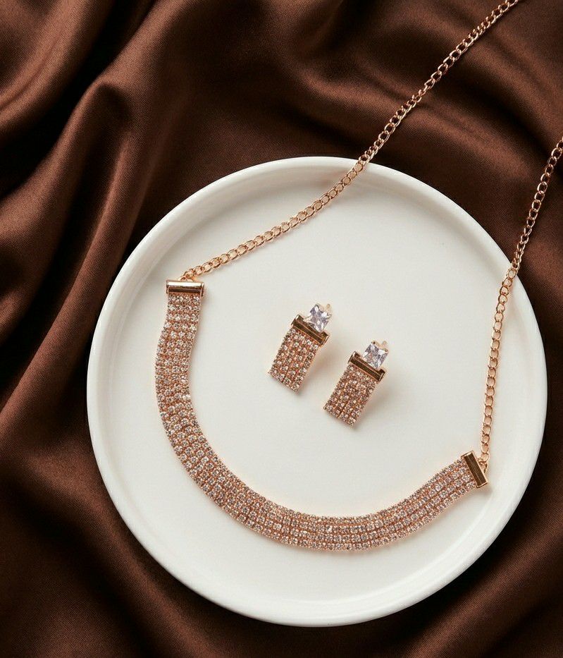 Rose Gold Plated American Diamond Necklace Set for Women | Adjustable Chain Necklace with Earrings | Brass & Copper Jewellery | N-4