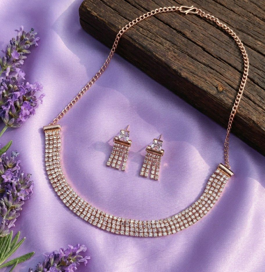 Rose Gold Plated American Diamond Necklace Set for Women | Adjustable Chain Necklace with Earrings | Brass & Copper Jewellery | N-4