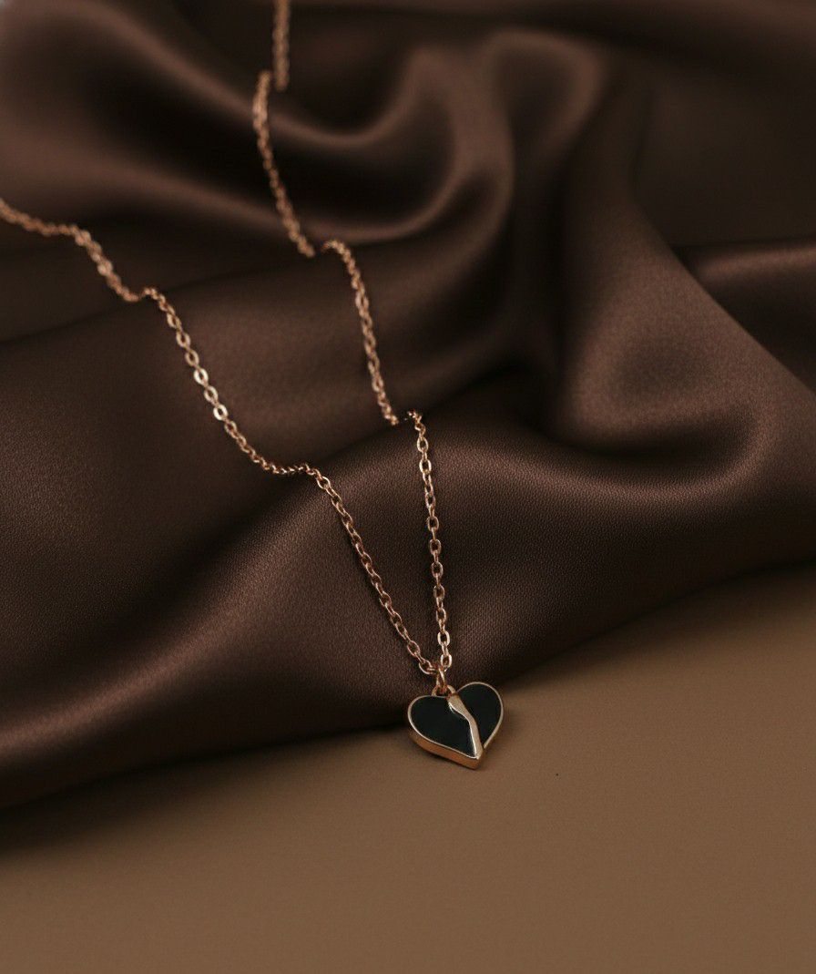 Rose Gold Plated Black Heart American Diamond Chain Pendant for Women & Girls | Short Brass & Copper Necklace | CP-47