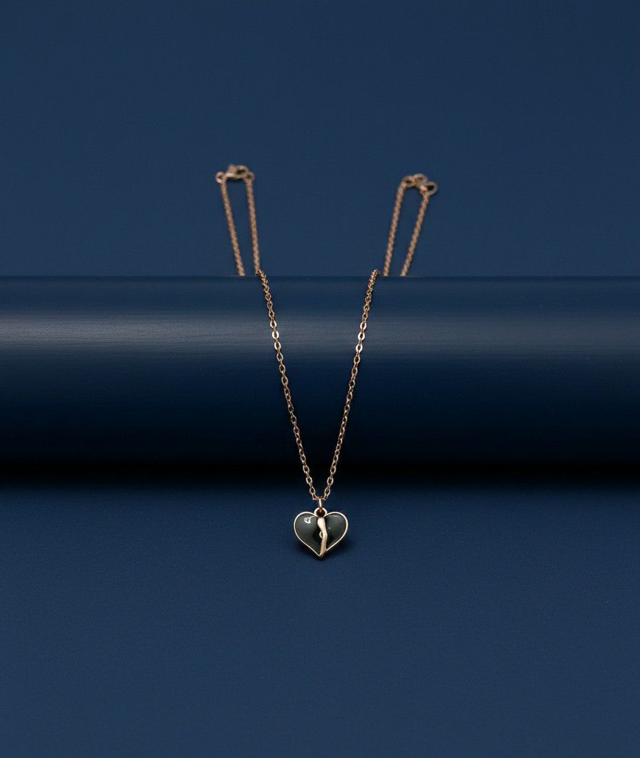 Rose Gold Plated Black Heart American Diamond Chain Pendant for Women & Girls | Short Brass & Copper Necklace | CP-47