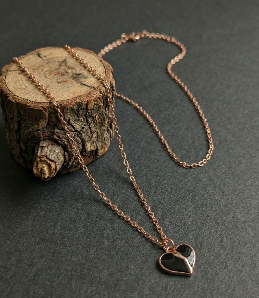 Rose Gold Plated Black Heart American Diamond Chain Pendant for Women & Girls | Short Brass & Copper Necklace | CP-47